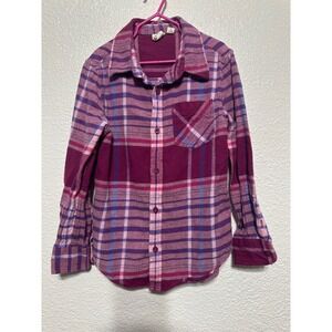 Outdoor Kids Plaid Flannel Button Up Shirt Purple Pink Blue Size S